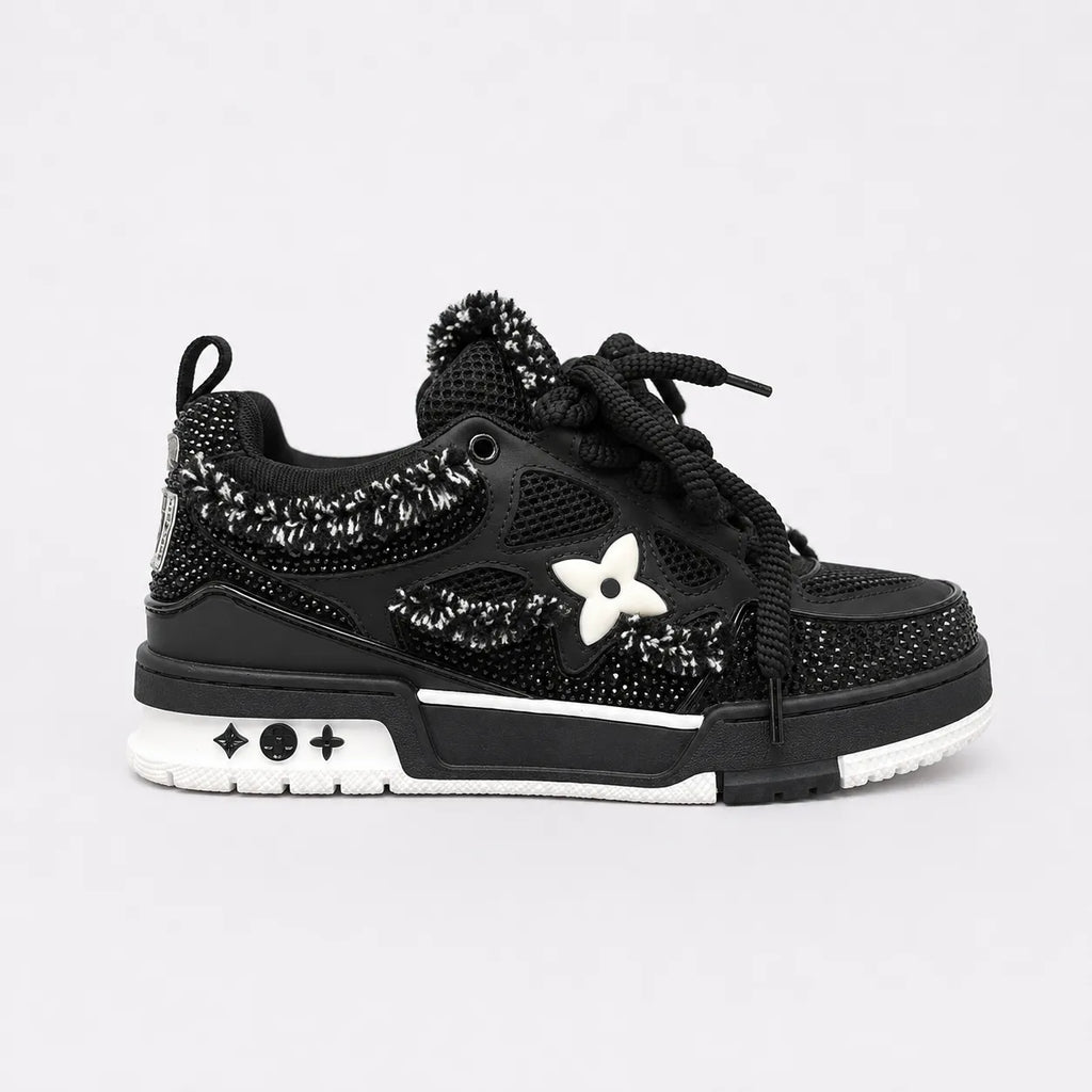 Louis Vuitton "LV Skate" Luxury Sneakers - Premium Black Crystal & Tweed Edition
