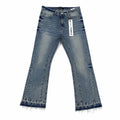 Purple Brand Indigo Blue Flared Jeans - Paint Splatter & Raw Hem Edition