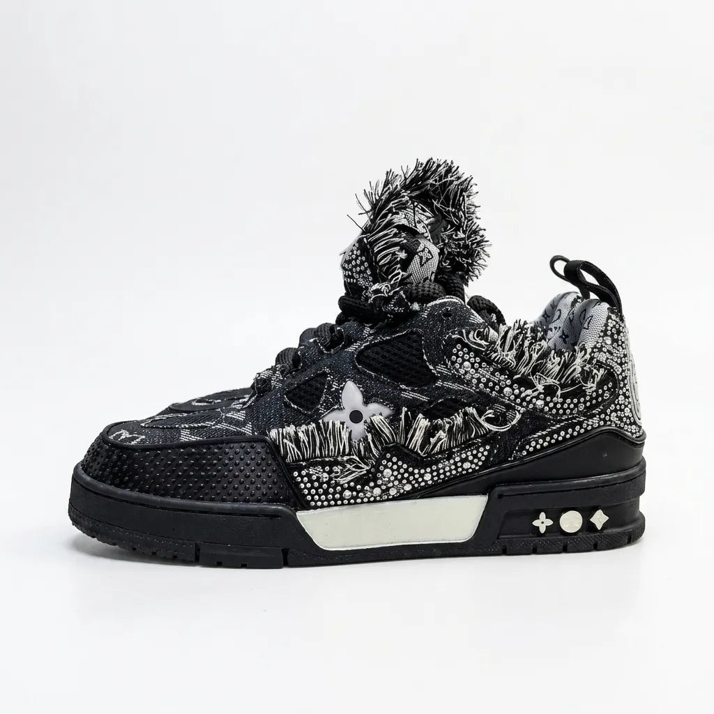 LV Skate Luxury Sneakers - Strass Crystals & Distressed Black Denim Editio