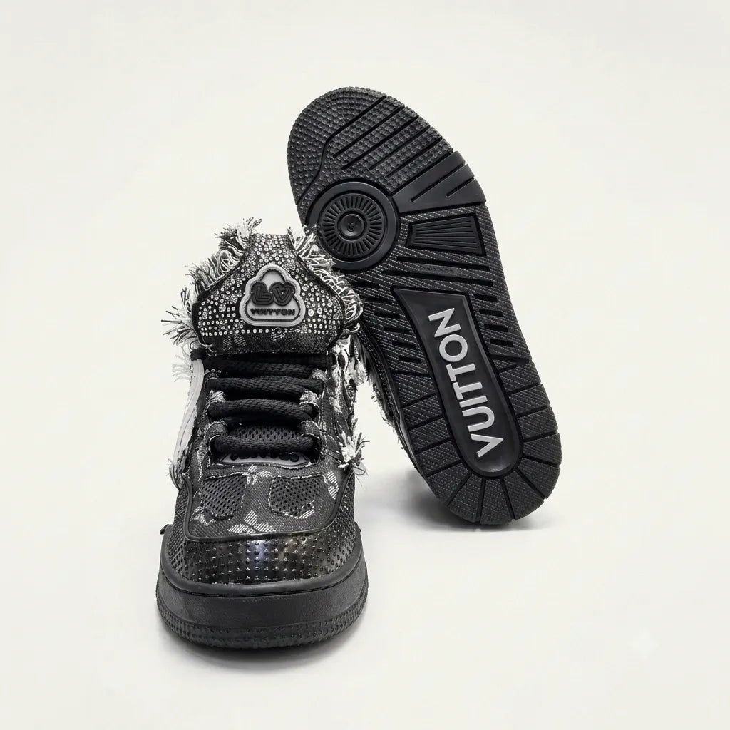 LV Skate Luxury Sneakers - Strass Crystals & Distressed Black Denim Editio