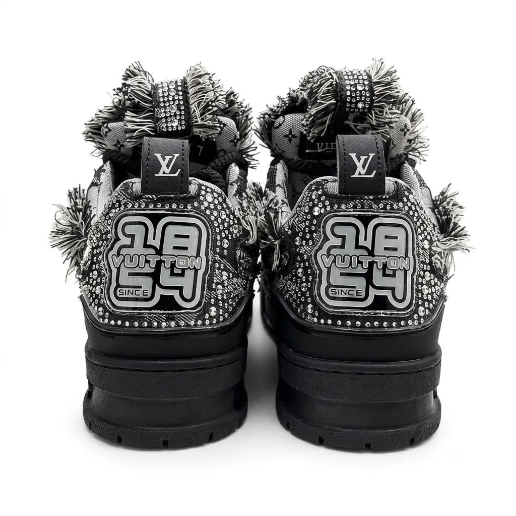 LV Skate Luxury Sneakers - Strass Crystals & Distressed Black Denim Editio